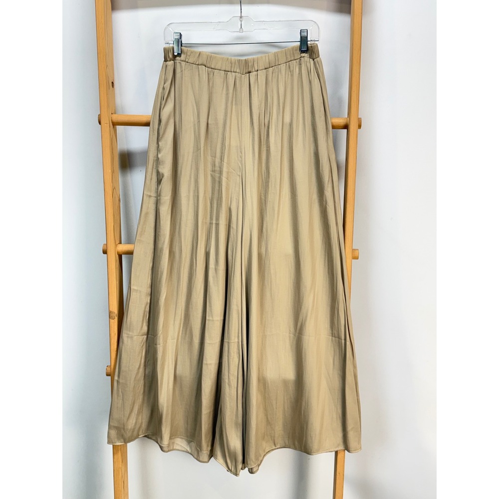 Grade&Gather Tan Wide Leg Flowy Pants Elastic Waist Khaki Palazzo Trousers M